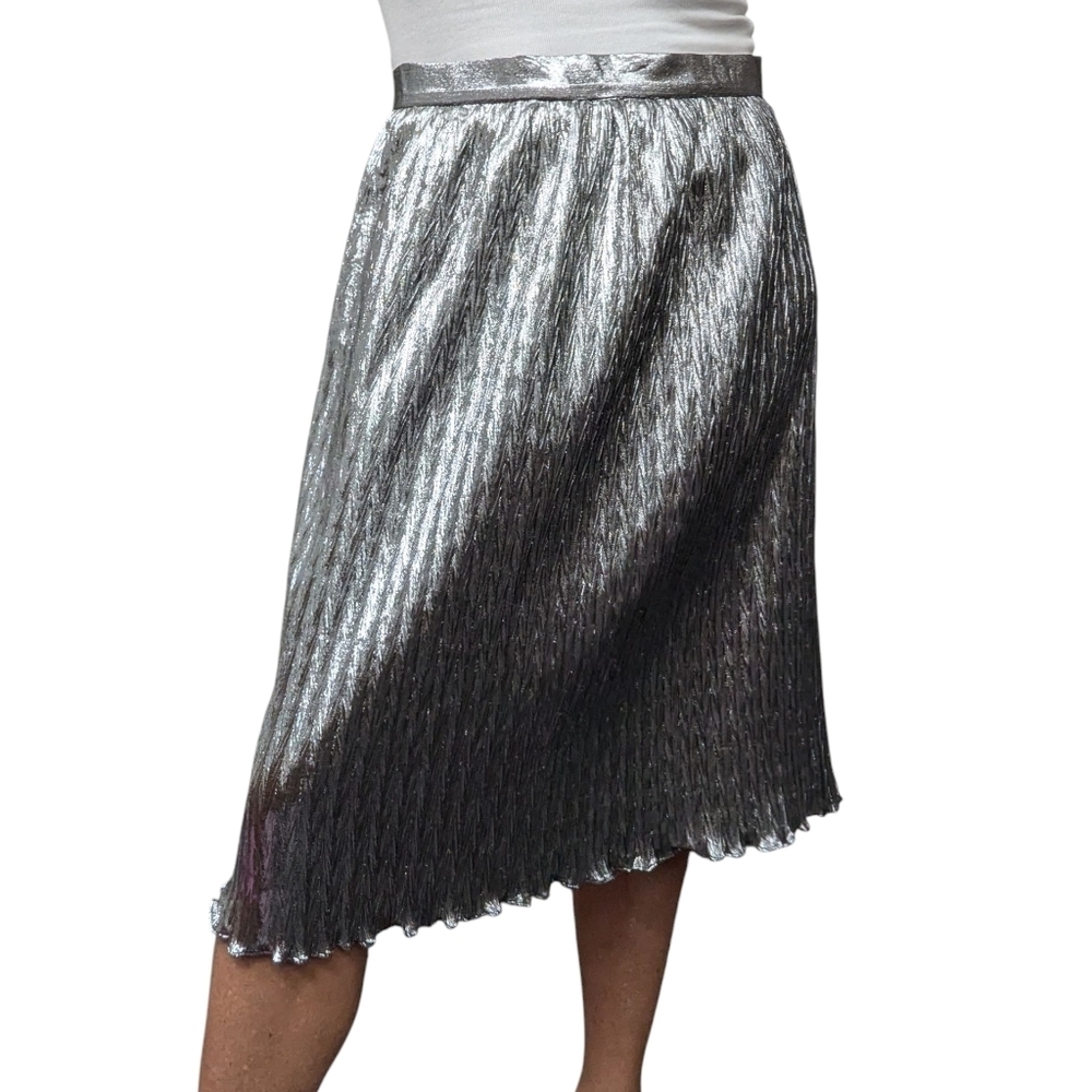 Vintage 80s Evan Picone Silver Metallic Pleated Midi Skirt 12 USA